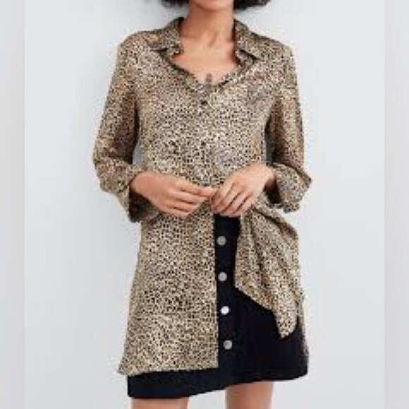 Zara Leopard Print Button Down Tunic Blouse Sz M - Picture 1 of 11